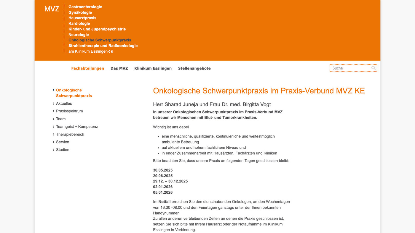 Webseite der Onkologischen Schwerpunktpraxis im Praxis-Verbund MVZ KE mit Informationen zu Team, Therapie und Öffnungszeiten
